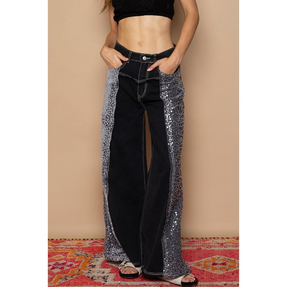 POL Floral Sequin & Velvet Side Stripe Wide Leg Jeans - Picture 13 of 14